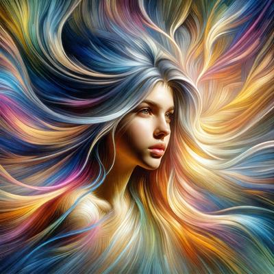 The primary subject of the image is a woman with long, flowing hair. She is the main focus of the image, and her hair is the most prominent feature. The setting is a colorful, abstract background that complements the woman's hair. The visual style is a combination of photo and digital art, creating a unique and artistic representation of the woman. The colors and mood of the image are vibrant and lively, with a sense of energy and movement.